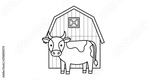 Cow standing in front of barn.