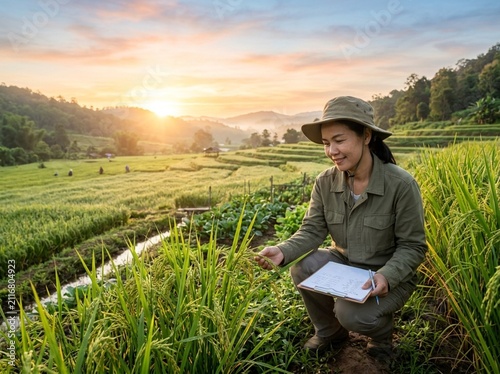 Agriculturist examines rice in morning paddy