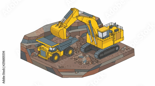Yellow Excavator and Mining Trucks in Construction Site.