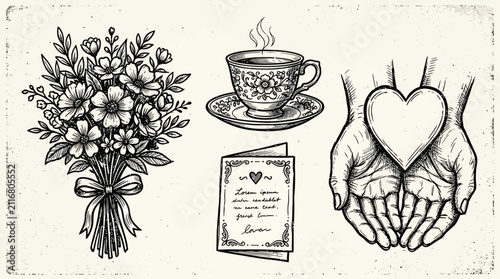Cuadro en lienzo Flower bouquet, porcelain tea cup, greeting card, and human hands holding a heart represent love, care, and heartfelt gestures in these detailed black and white artistic illustrations