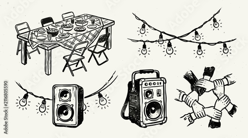 Dining table, hanging light bulbs, audio speakers, and linked hands are depicted as a collaborative illustration of a communal social gathering.