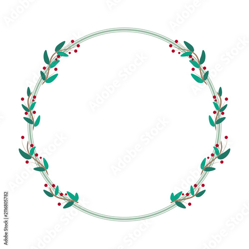 Green Circle Border Frame With Floral Leaves And Red Cherry Berries