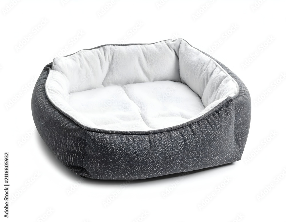 Obraz premium Comfortable grey and white pet bed for dogs or cats, studio isolated shot