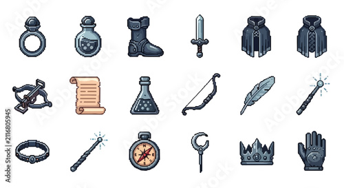 Canvastavla A comprehensive collection of eighteen pixel art icons representing classic fantasy RPG items, including weapons, magical tools, and various gear