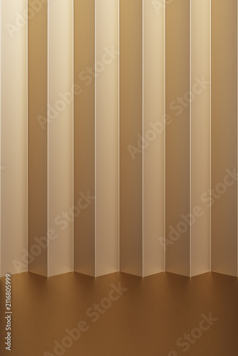 Luxury abstract golden folded metallic wall with clean geometric panels and minimal floor. Elegant 3D background for product display, branding, advertising, exhibitions, and premium presentations.