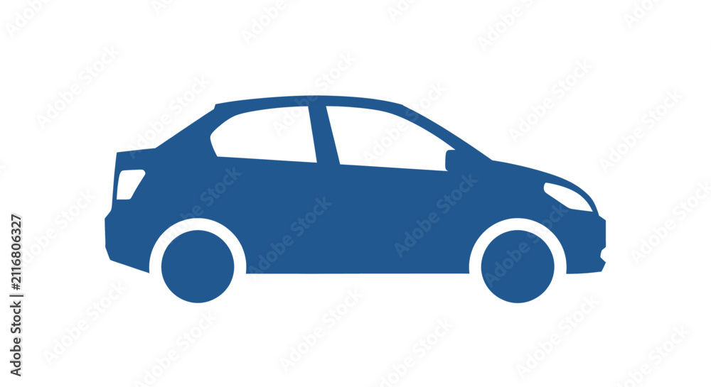 Fototapeta premium A simple blue silhouette icon of a sedan car, viewed from the side, against a white background.