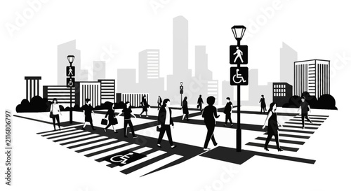 Black and white vector illustration of diverse pedestrians crossing a city street at a zebra crosswalk with inclusive accessibility signage and urban skyscrapers in the background.