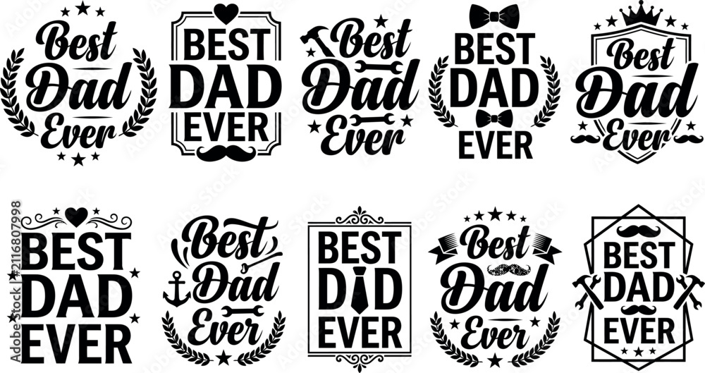Obraz premium Set of twelve black and white typography labels for happy fathers day featuring various icons like hats mustaches glasses tools and bow ties for design