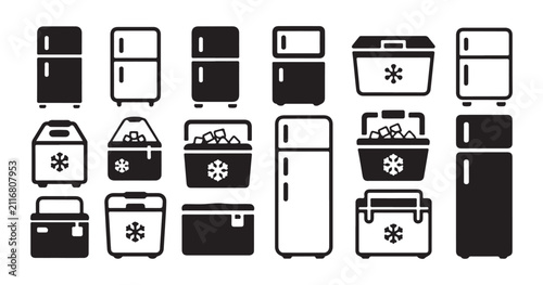 Obraz na plátne Large set of refrigerator icons and portable cooling boxes for food storage and preservation gear set