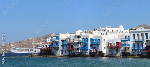 Sunny waterfront of Greek island Mykenos