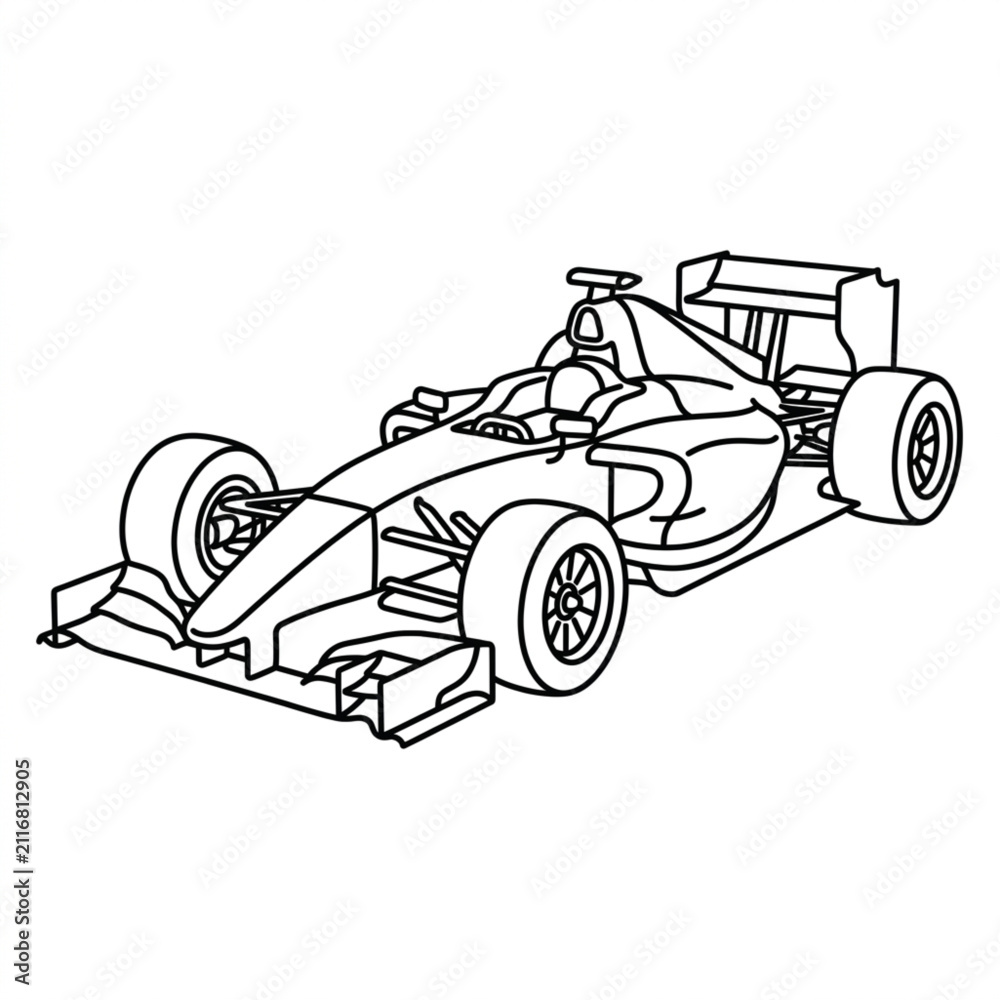 Fototapeta premium Black and white line art of a formula one race car.