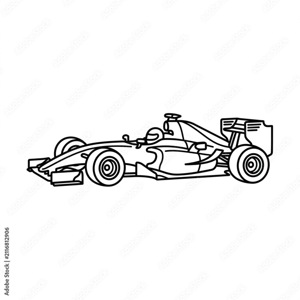 Fototapeta premium Black and white line art of a formula one race car.