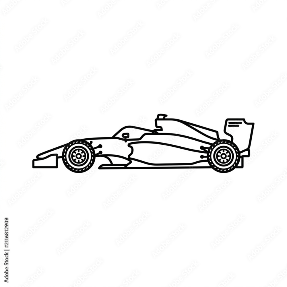 Fototapeta premium Black and white line art of a formula one race car.