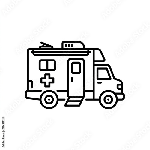 Black and white ambulance vehicle line art illustration.