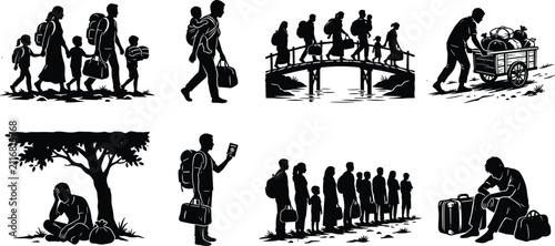 Set of human silhouettes depicting refugees, migration, displacement, travel, and people with luggage