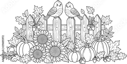 Autumn garden fence with birds, pumpkins, sunflowers, leaves and acorns decorative line art vector illustration for coloring page design