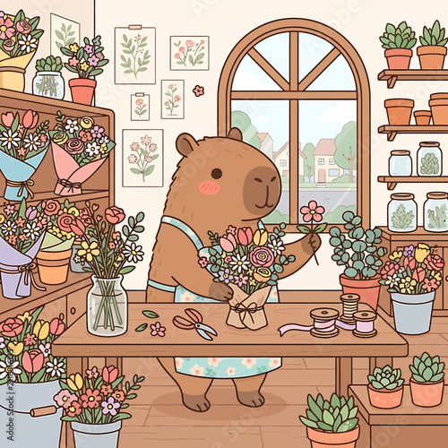 Cute capybara florist working in a cozy flower shop with colorful bouquets and potted plants.