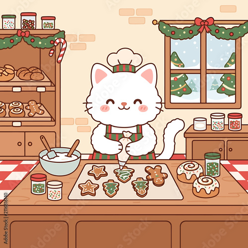Cute white cat character baking and decorating Christmas cookies in a cozy bakery kitchen.