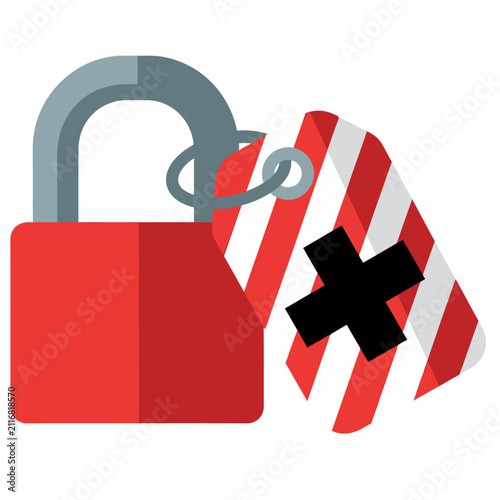 A flat vector icon of a red padlock attached to a striped tag featuring a bold black cross symbol