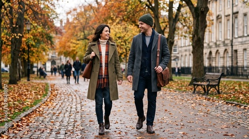 Couple walking in a park during autumn with colorful leaves on the ground and trees