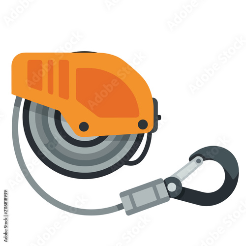 Foto An orange retractable safety fall arrest device with a grey steel cable and a bl