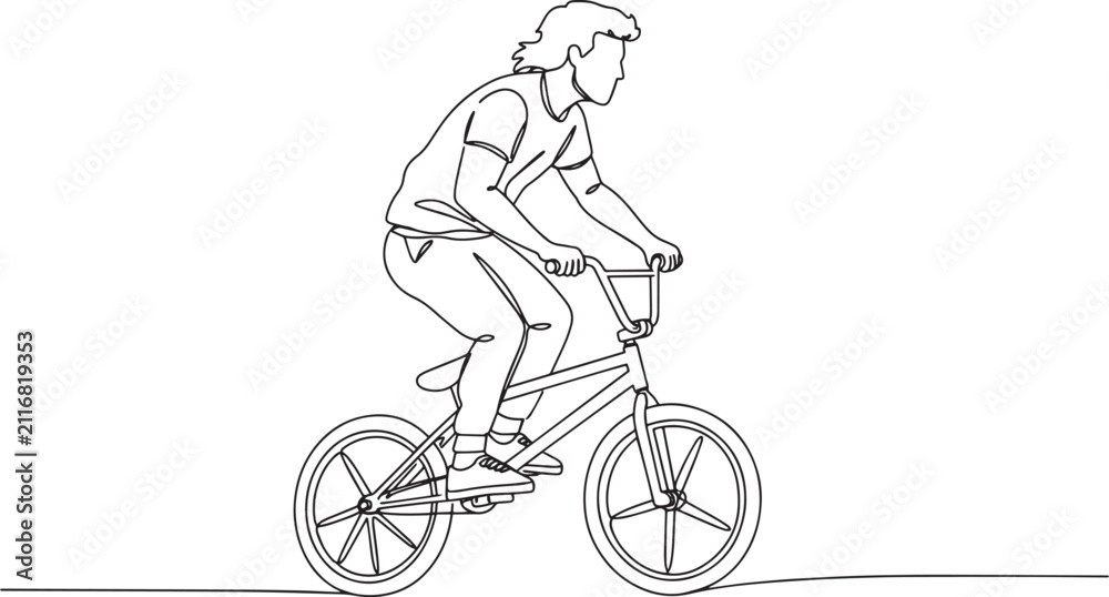 Fototapeta premium Man riding a BMX bike in a line art style, side view.