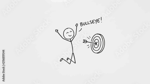 Cheering stick figure with arrow in bullseye target.