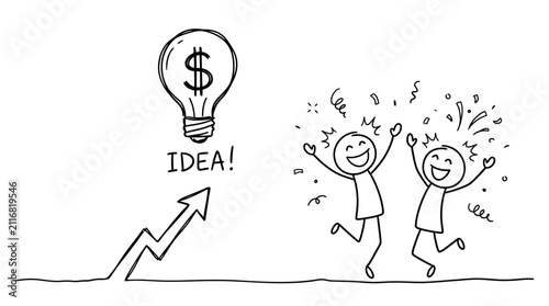 Cheering stick figures with dollar sign lightbulb and arrow.