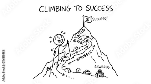 Climbing mountain of struggle to reach success.