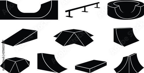 Foto Skatepark Obstacles Silhouette Vector Set Featuring Halfpipe Ramps Rails and Fun