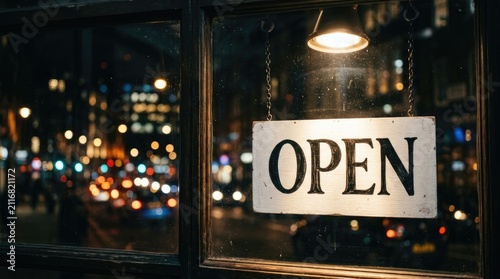 An open sign hanging on a glass door of a shop at night, with blurred city lights reflecting in the background, signaling business activity