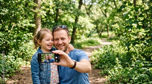 Father and Daughter Taking a Selfie in a Lush Green Forest During a Sunny Day