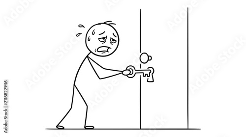 Nervous character unlocking door with key.