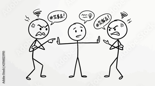 Person mediating an argument between two angry stick figures.