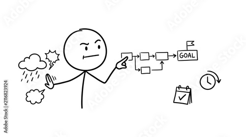 Person pointing at a strategic roadmap toward a goal.