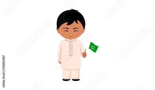 Quadro su tela Cartoon boy character holding small Pakistani flag with character, national