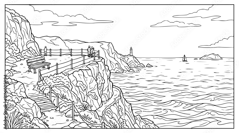 Obraz premium Coastal cliff viewpoint overlooking the ocean coloring page line art