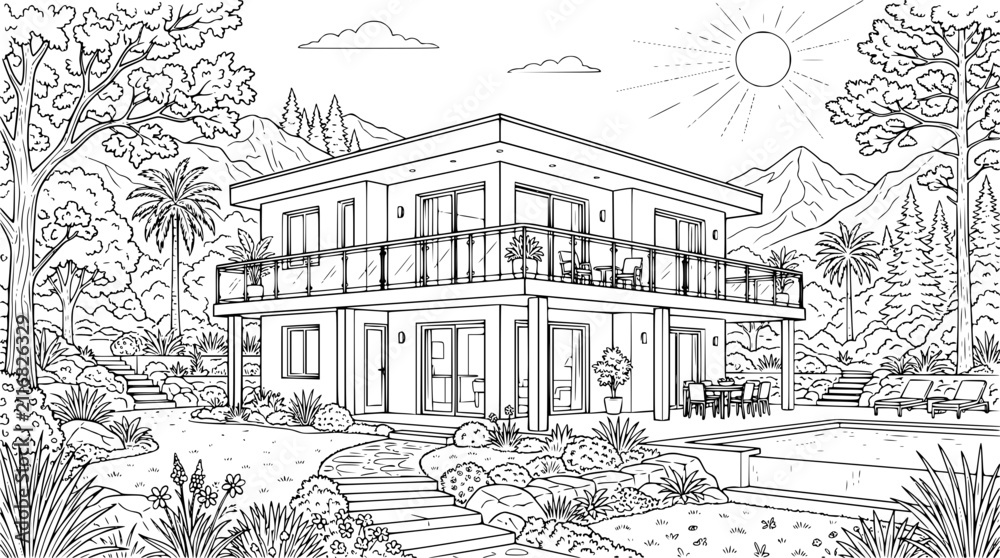 Fototapeta premium Modern Luxury House with Swimming Pool and Mountain View Coloring Page