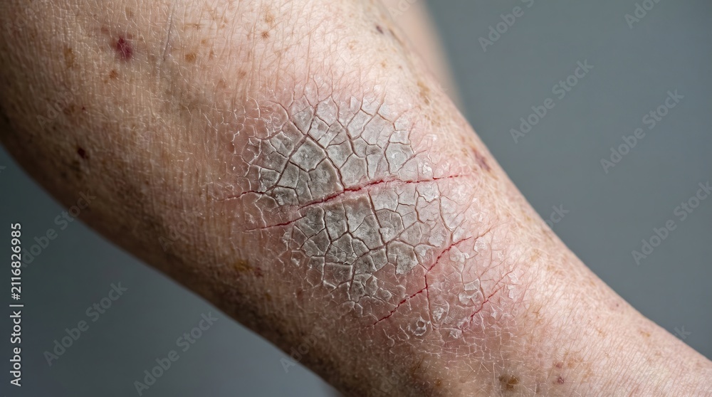 Fototapeta premium Close Up of Severe Dry Cracked Skin and Psoriasis Eczema Patch on Human Lower Leg