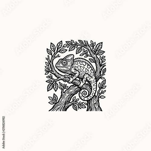 Chameleon Linocut Style Illustration on Tree Branch