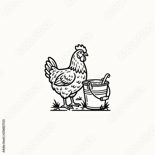 Chicken Hen and Feed Bucket Line Art Illustration