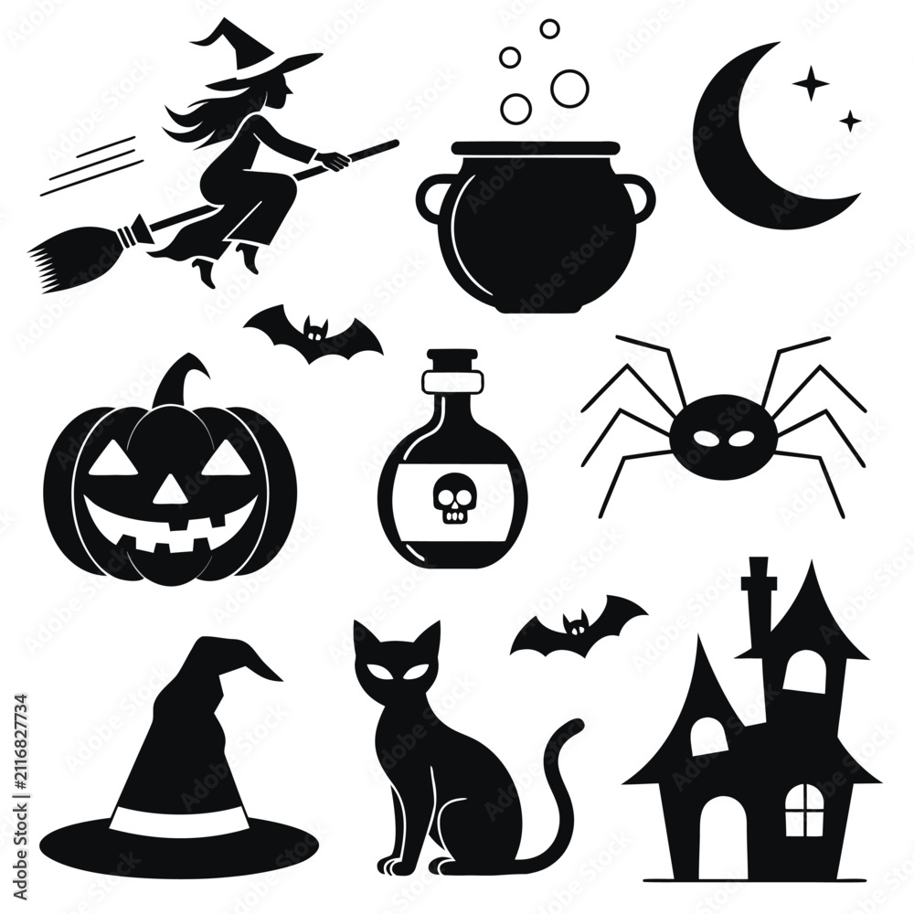 Fototapeta premium Halloween icon set with witch, cauldron, moon, pumpkin, potion, spider, cat, and haunted house