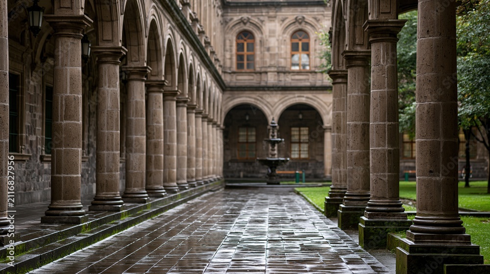 Fototapeta premium Wet stone walkway through historic colonnade with fountain and arched windows in background