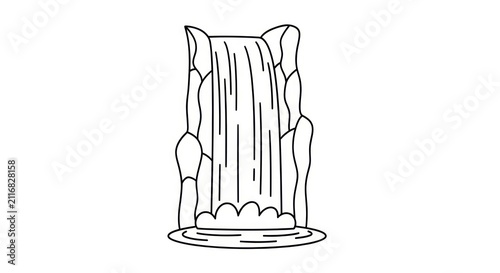 Waterfall pouring down rocky cliffside illustration.