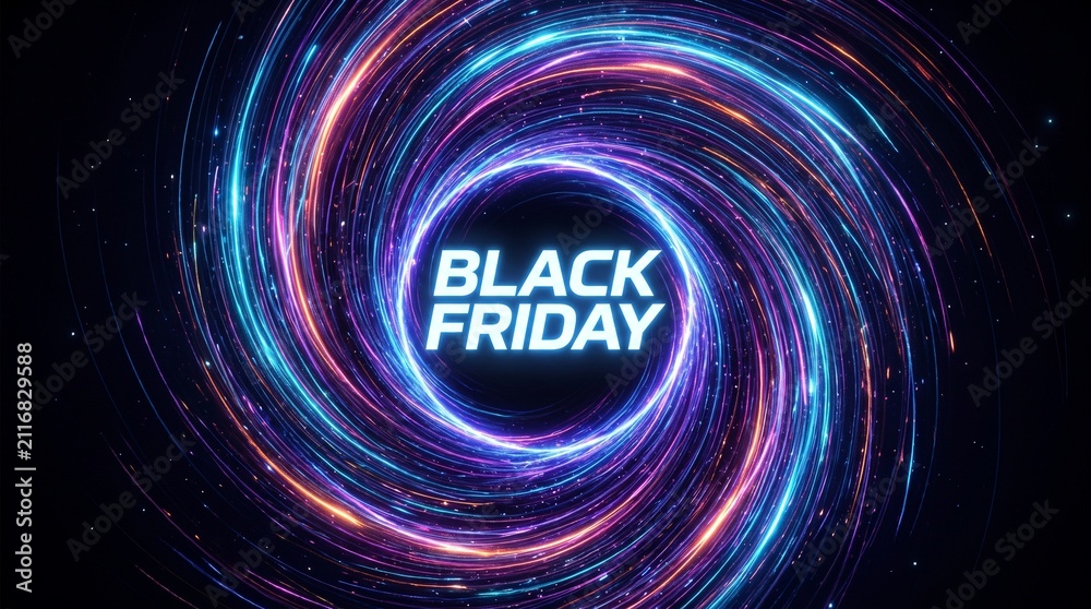 Obraz premium Black Friday Sale Event Vortex of Neon Light Streaks and Particles