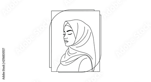 Minimalist Line Art Woman Wearing Hijab in Circle Frame