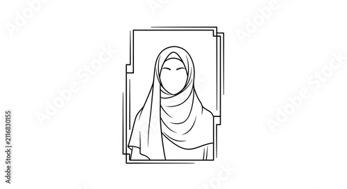Minimalist line art portrait of woman wearing hijab, Islamic culture, modern illustration