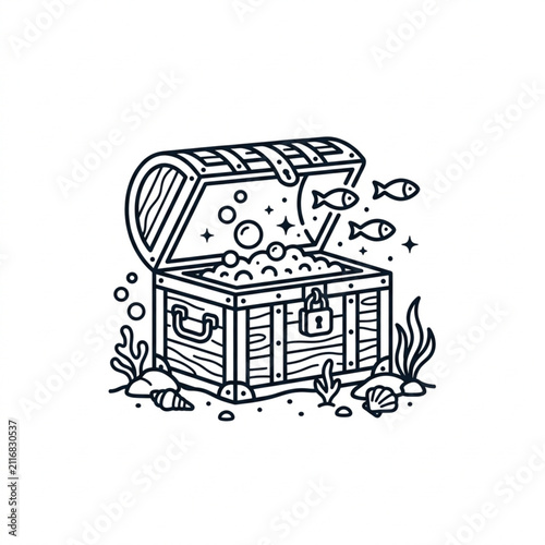 Open Treasure Chest with Gold Coins and Fish Illustration.
