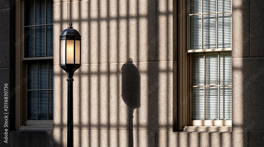 Fototapeta premium Street Lamp Casts Geometric Shadows on Textured Stone Building Facade Near Window