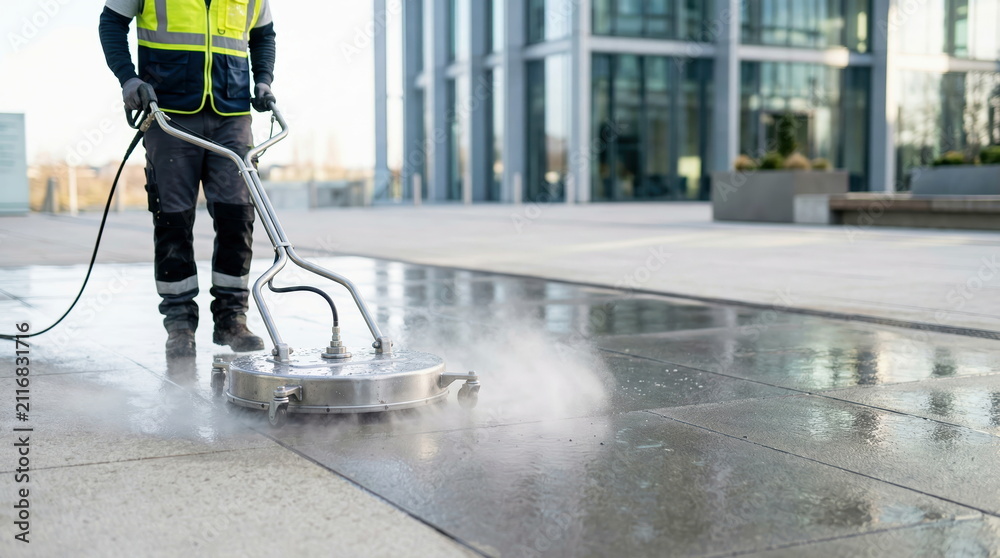 Obraz premium Worker pressure washing outdoor pavement near modern glass office building, professional cleaning concept